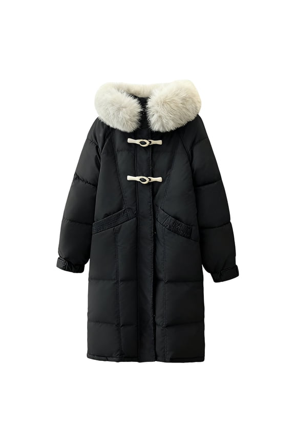 Womens Winter Hooded Parka Jacket Long Sleeve Toggle Duffle Coat with Faux Fur Trim Black XS