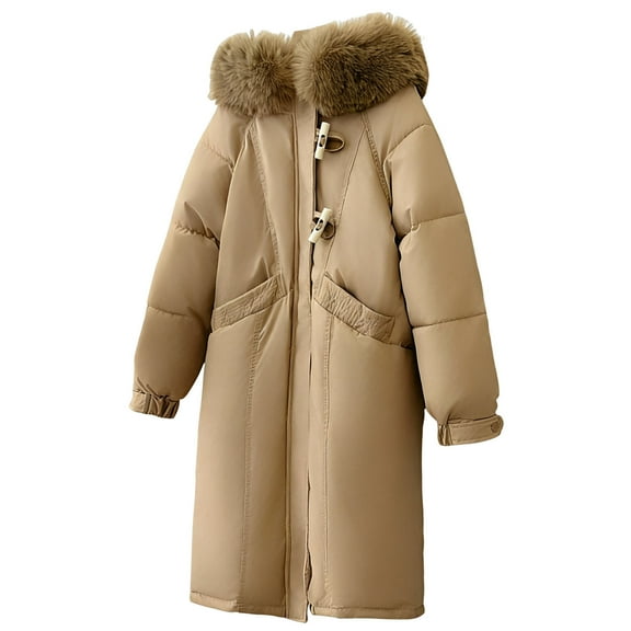 Womens Winter Hooded Parka Jacket Long Sleeve Toggle Duffle Coat with Faux Fur Trim Khaki L