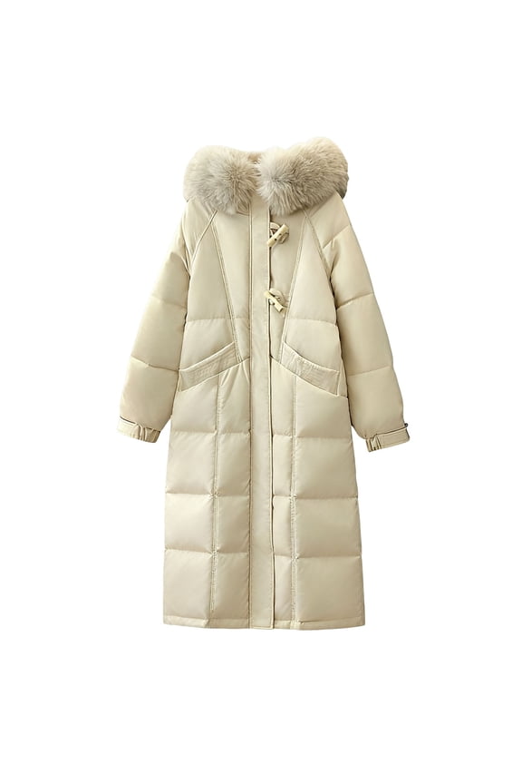 Womens Winter Hooded Parka Jacket Long Sleeve Toggle Duffle Coat with Faux Fur Trim White M