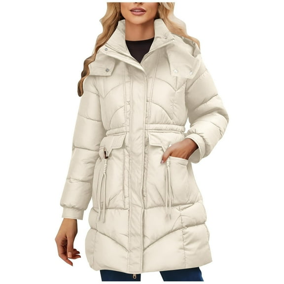Womens Winter Hooded Parka Jacket Long Sleeve Toggle Duffle Coat with Faux Fur Trim White S