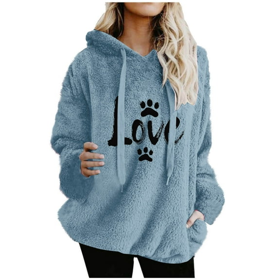 Womens Winter Hoodie Warm Fleece Sherpa Pullover Hood Dog Paw Heart Top Casual 2025 Thicken Outfits Soft Long Sleeve Homewear