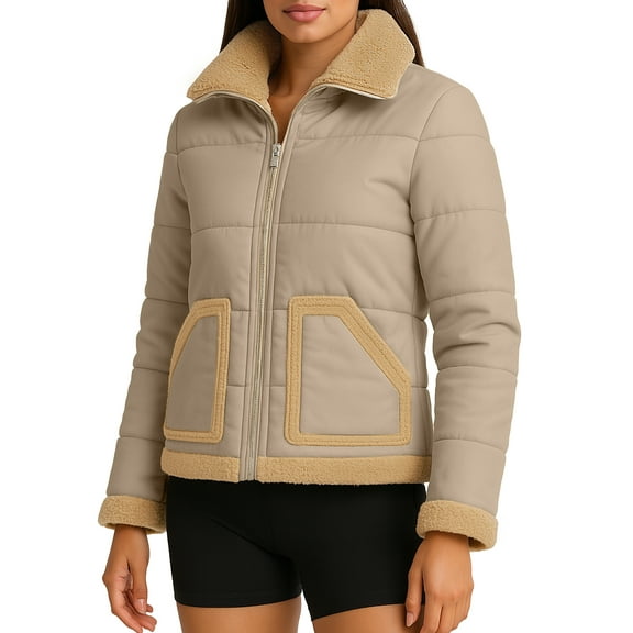 Womens Winter Insulated Puffer Jacket Water-Repellant Cozy Sherpa Trim Beige-S