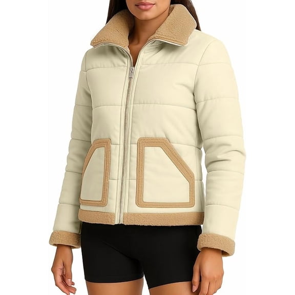Womens Winter Insulated Puffer Jacket Water-Repellant Cozy Sherpa Trim Cream-S