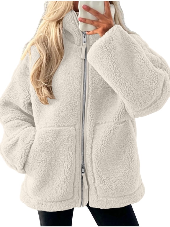 Womens Winter Jacket Baeitkot Long Sleeve Sherpa Fleece Zip Front Coat with Pockets Cozy Winter Travel White M
