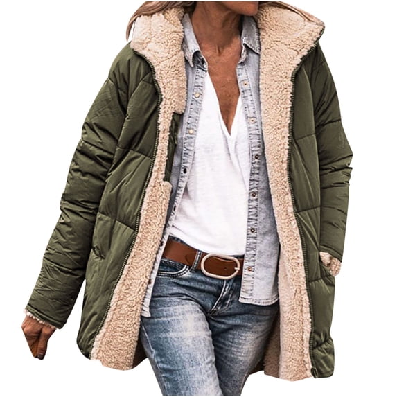 Womens Winter Jacket Casual Solid Color Loose Pocket Zipper Hoodie Short Coat Outerwear Jackets for Women Zip Up Fleece Lined Jacket Warm Oversized Puffer Down Jackets Outerwear