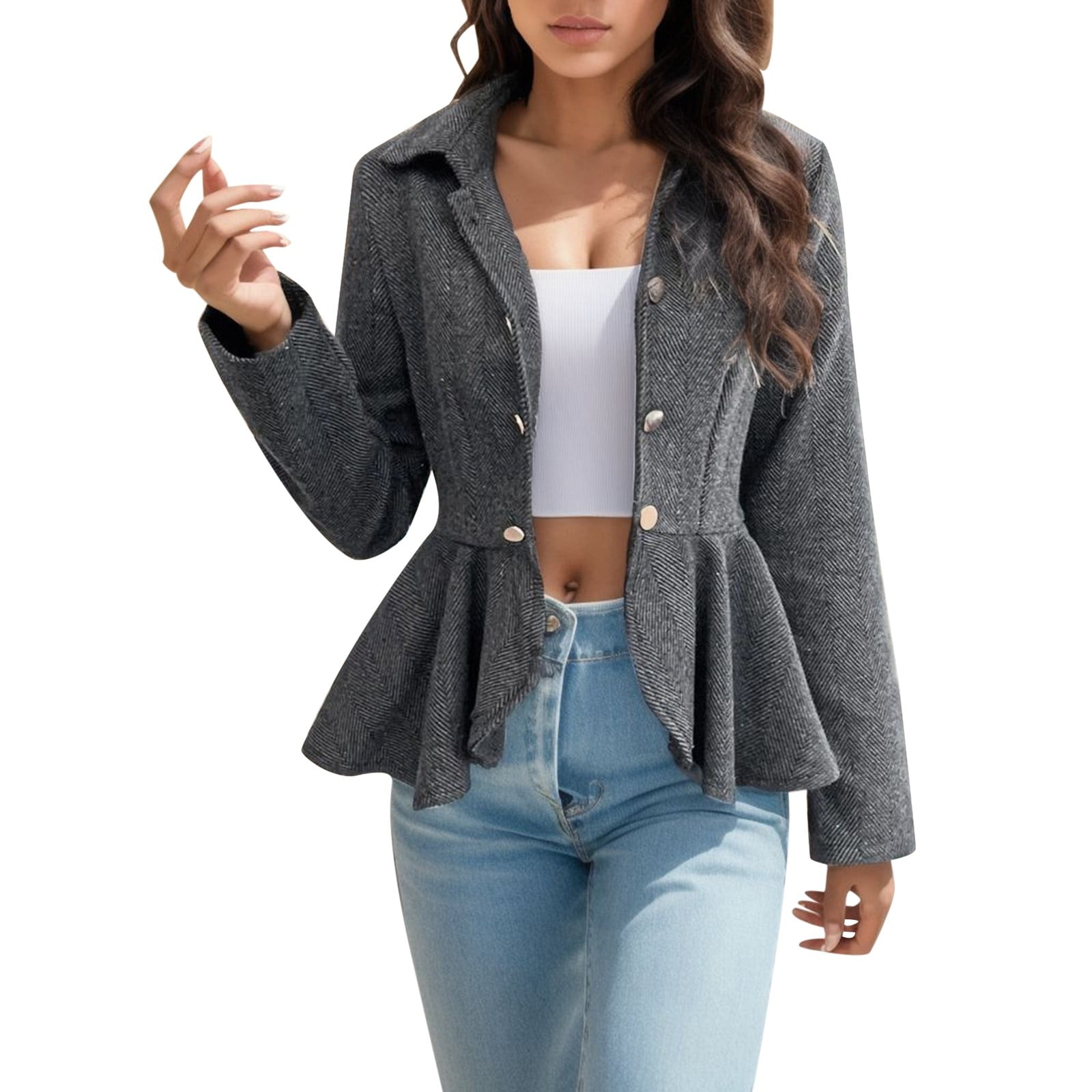 Womens Winter Jacket Elegant Floral Jacquard Peplum Office Suit Jacket with Double Closure Sport Workout Clothes For Woman