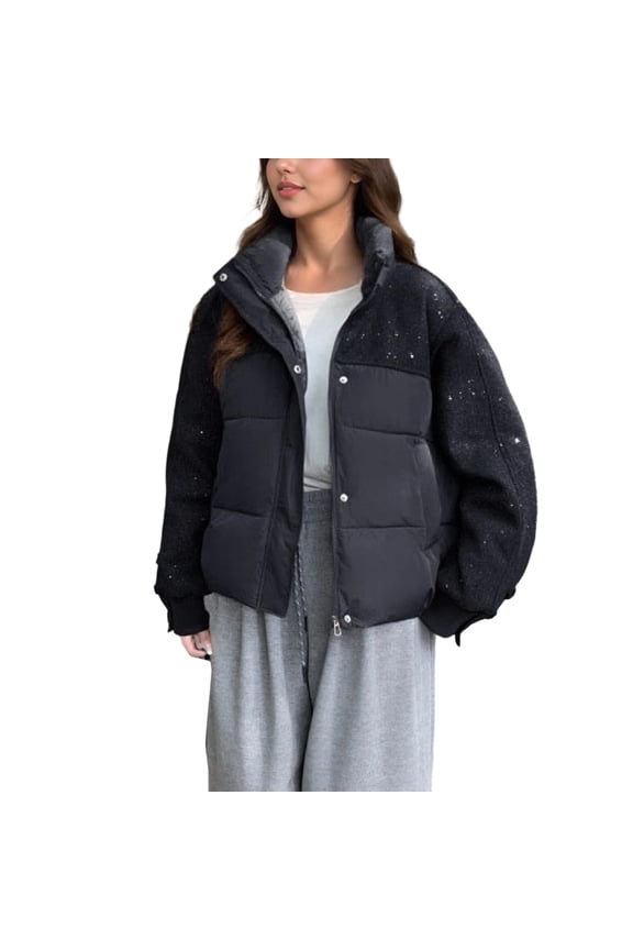 Womens Winter Jacket Fleece Lined Puffer Jackets Splicing Short Down Oversized Quilted Puffer Coat Loose Relaxed Overcoat Long Sleeve Shacket Jacket(Black,L)