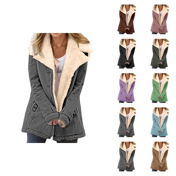 Womens Winter Jacket Long Sleeve Lined Button Suede Notch Collar Cardigan Coat with Pockets Outerwear