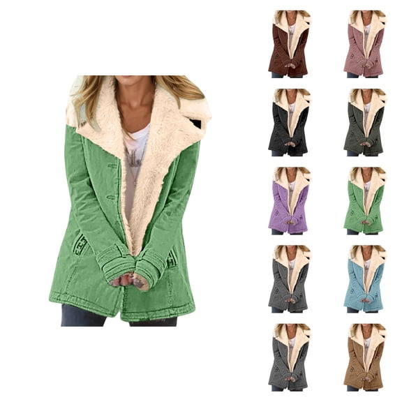 Womens Winter Jacket Long Sleeve Lined Button Suede Notch Collar Cardigan Coat with Pockets Outerwear