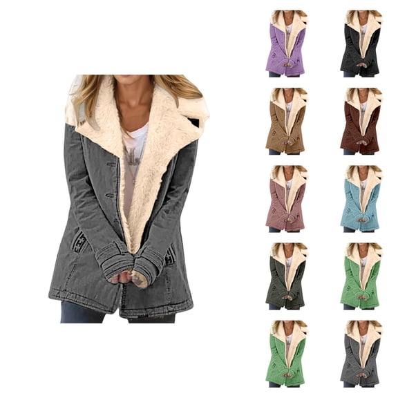Womens Winter Jacket Long Sleeve Suede Notch Collar Thermal Button Cardigan Coat with Pockets Outerwear