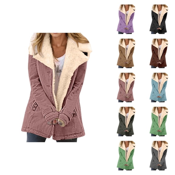 Womens Winter Jacket Long Sleeve Suede Notch Collar Thermal Button Cardigan Coat with Pockets Outerwear