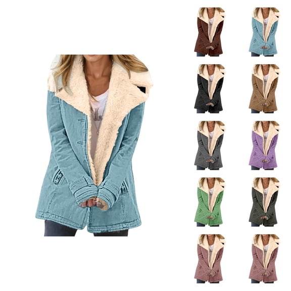 Womens Winter Jacket Long Sleeve Suede Notch Collar Thick Warm Button Cardigan Coat Outerwear with Pockets