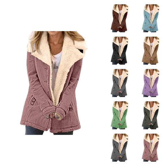 Womens Winter Jacket Long Sleeve Suede Notch Collar Thick Warm Button Cardigan Coat Outerwear with Pockets