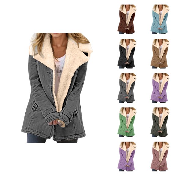 Womens Winter Jacket Long Sleeve Suede Notch Collar Thick Warm Button Cardigan Coat Outerwear with Pockets