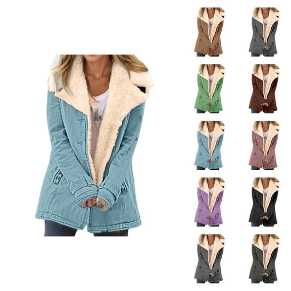 Womens Winter Jacket Long Sleeve Suede Thermal Button Notch Collar Cardigan Coat with Pockets Outerwear