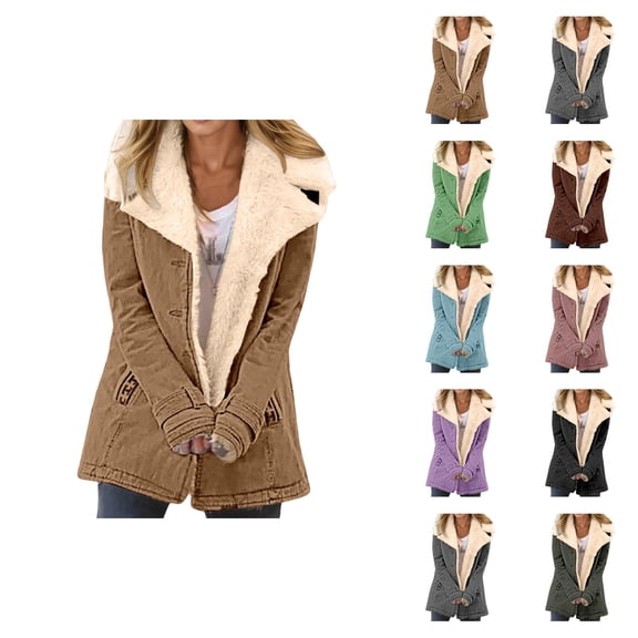 Womens Winter Jacket Long Sleeve Suede Thermal Button Notch Collar Cardigan Coat with Pockets Outerwear