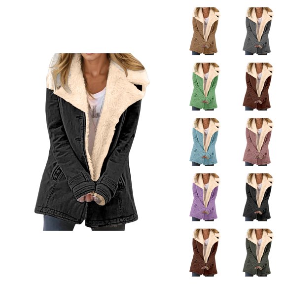 Womens Winter Jacket Long Sleeve Suede Thermal Button Notch Collar Cardigan Coat with Pockets Outerwear