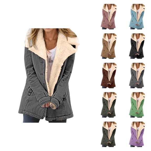 Womens Winter Jacket Long Sleeve Thick Warm Suede Button Notch Collar Cardigan Coat Outerwear with Pockets