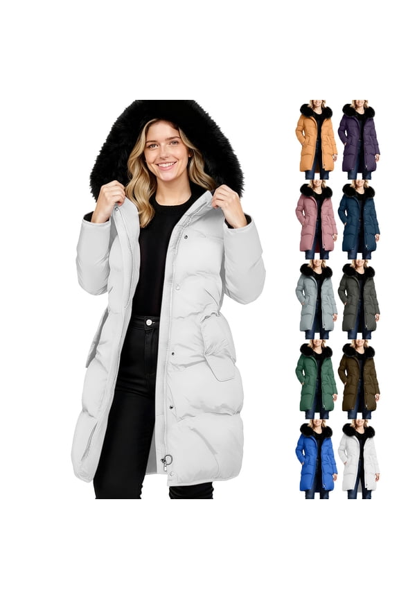 Womens Winter Down Jacket Plus Size Long Puffer Jackets Hooded Faux Fur Warm Insulated Coat with Pockets Long-sleeved Padded Windproof Winter Outwear Coats for Women White S