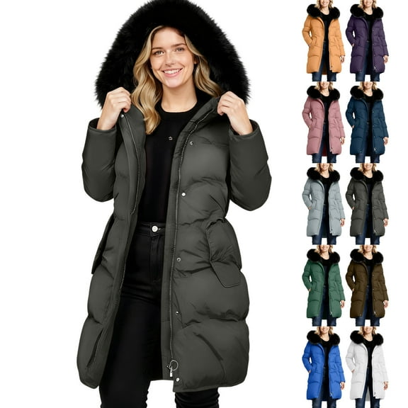 Womens Winter Down Jacket Plus Size Long Puffer Jackets Hooded Faux Fur Warm Insulated Coat with Pockets Long-sleeved Padded Windproof Winter Outwear Coats for Women Dark Gray XXL