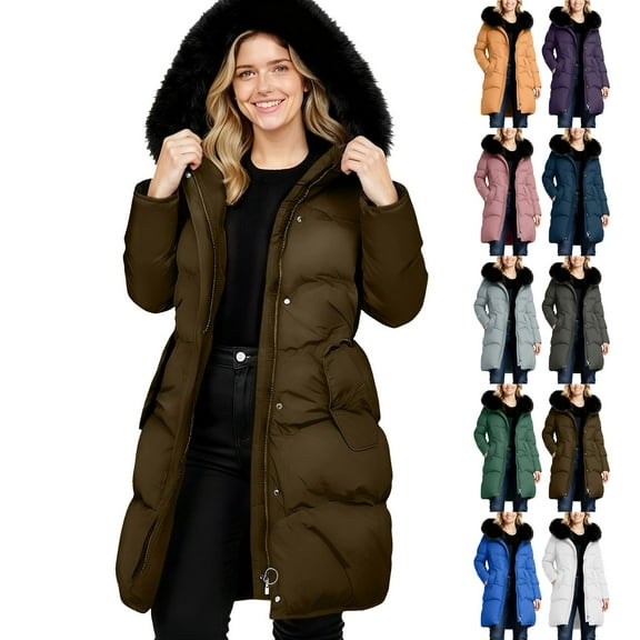 Womens Winter Down Jacket Plus Size Long Puffer Jackets Hooded Faux Fur Warm Insulated Coat with Pockets Long-sleeved Padded Windproof Winter Outwear Coats for Women Brown XXXXXL