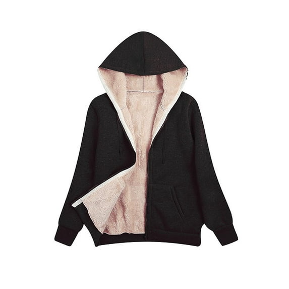 Womens Winter Jacket Plus Size Thicken Solid Color Full Zip Up Sherpa Fleece Lined Warm Hoodie Sweatshirt Outwear Hooded Coats