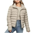 thumbnail image 1 of Womens Winter Jackets Lapel Front Zip Quilted Shacket Thick Thermal Casual Stylish Outwear With Pockets (L, Khaki), 1 of 8