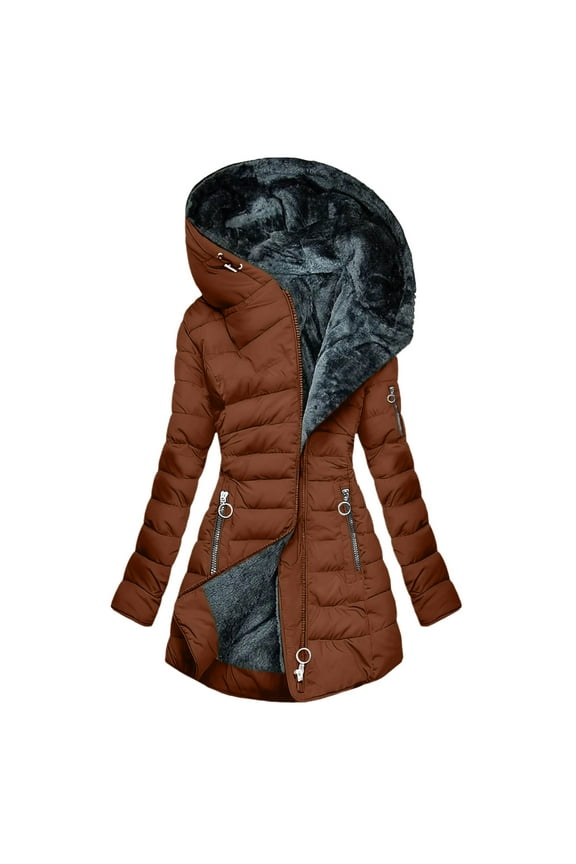 Womens Winter Jackets Sherpa Lined Thicken Warm Full Zip Up Hooded Tunic Coat with Pockets Mid-length Outerwear (3XL, Brown)
