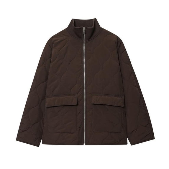 Womens Winter Jackets Stand Collar Front Zip Quilted Cardigan Thermal Thick Casual Cotton Outwear With Pockets (L, Brown)