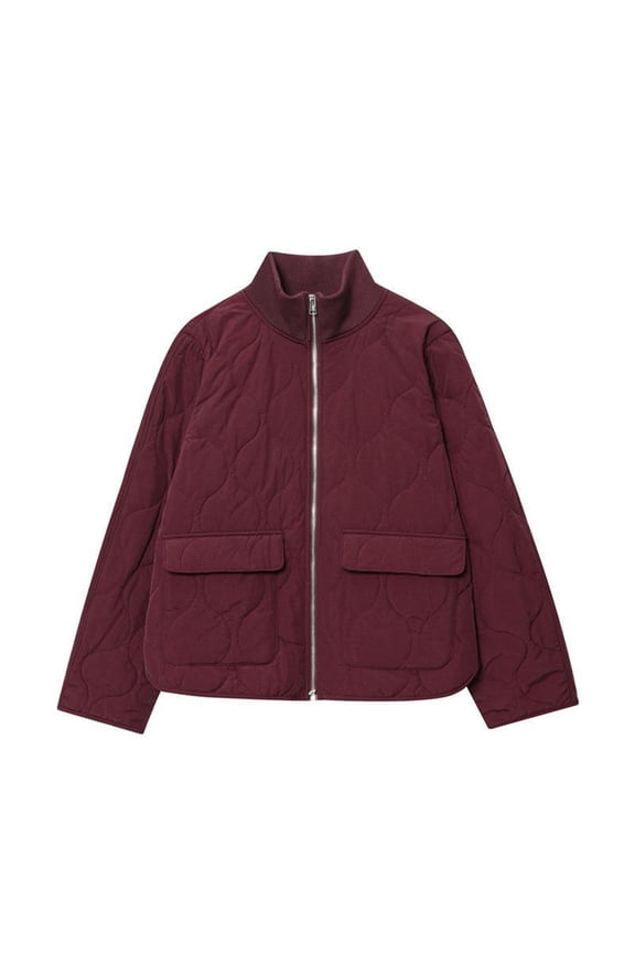 Womens Winter Jackets Stand Collar Front Zip Quilted Cardigan Thermal Thick Casual Cotton Outwear With Pockets (S, Wine)