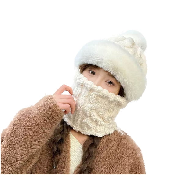 ZQUUVOU Womens Winter Knit Beanie Hat And Scarf Set Girls Cute Thick Fleece Lined Ski Hat Warm Skull Cap With Pom White