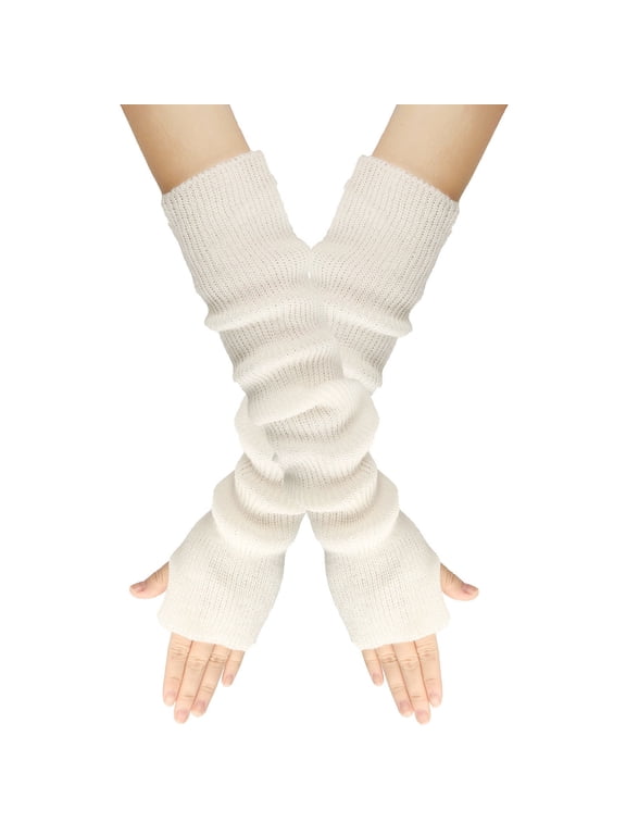 Womens Winter Knit Fingerless Arm Warmers Long Sleeve Gloves Ribbed Extended Length Hand Covers for Cold Weather Typing Writing Daily White