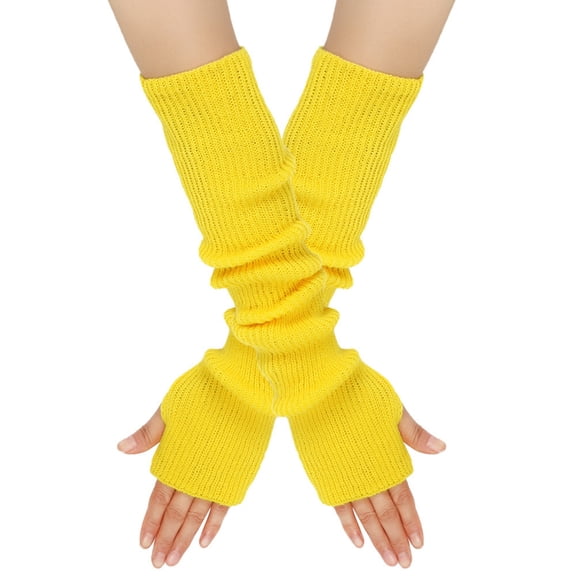 Womens Winter Knit Fingerless Arm Warmers Long Sleeve Gloves Ribbed Extended Length Hand Covers for Cold Weather Typing Writing Daily Yellow