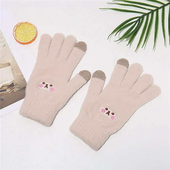 Womens Winter Knit Gloves Stretchy Full Finger Fuzzy Cute Touchscreen Mittens Mens Winter Riding Gloves Touch Screen Beige One Size