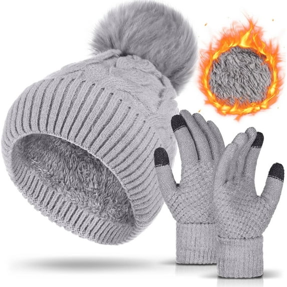 Womens Winter Knitted Beanie Hat Glove Set, Pom Pom Beanie Warmer Fleece Lined Knit Touchscreen Gloves for Women