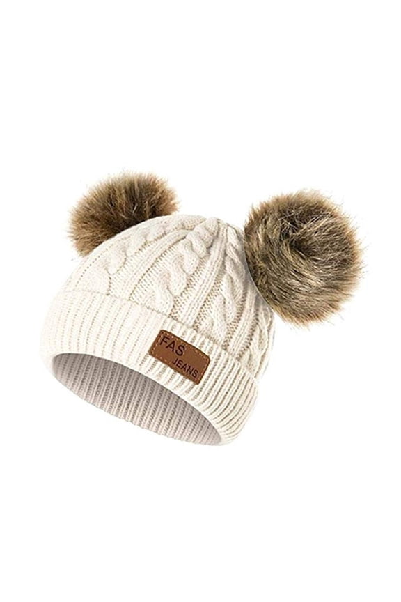 Womens Winter Knitted Beanie Hat with Double Pom Pom, Cute Beanie Warm Winter Hats for Women, Soft Faux Fur Winters Hat for Men Women White Free