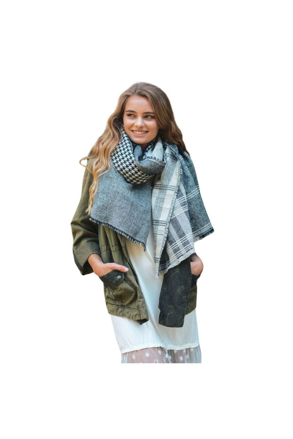 Womens Winter Knitted Infinity Scarves, Houndstooth Madras Frayed Trim Scarf, Soft Fashion Blanket Shawl Wrap Lightweight (Black)