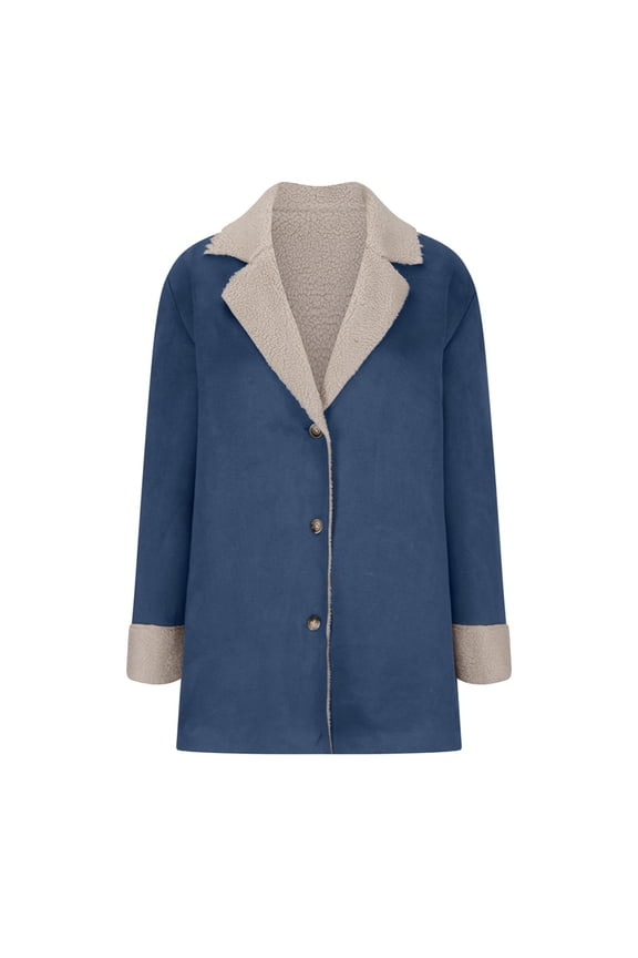 Womens Winter -Lined Faux Suede Leather Jacket Oversized -Lapel Mid Long Overcoat Dark Blue XL