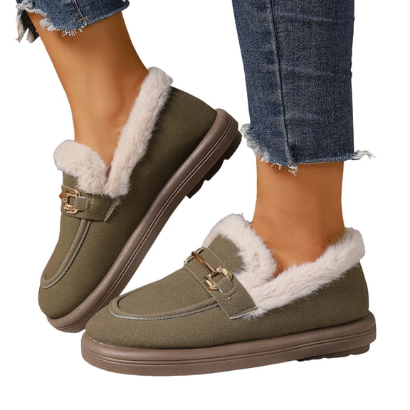 Womens Winter Loafers Comfy Soft Sole Furry Lined Warm Winter Trendy Metal Chain Slip on Flat Walking Shoes AG Size 7