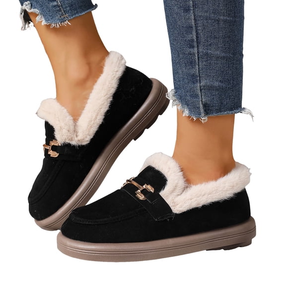 Womens Winter Loafers Comfy Soft Sole Furry Lined Warm Winter Trendy Metal Chain Slip on Flat Walking Shoes Black Size 6