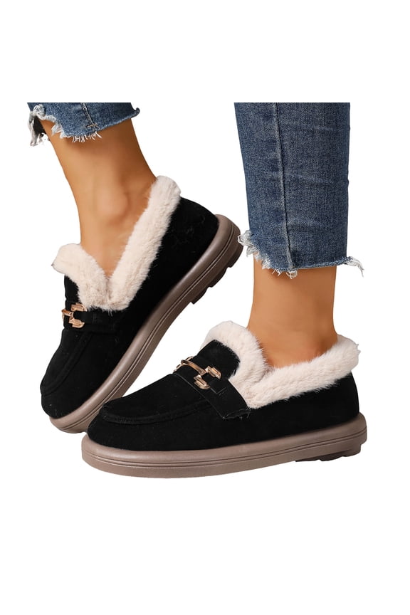 Womens Winter Loafers Comfy Soft Sole Furry Lined Warm Winter Trendy Metal Chain Slip on Flat Walking Shoes Black Size 6