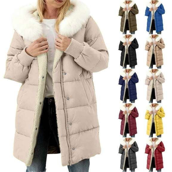 Womens Winter Long Coats Puffer Jacket with Detachable Hood Long Sleeve Lightweight Jacket With Pockets Warm Winter Outwear Beige XXL