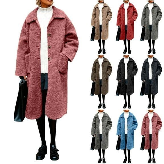 Womens Winter Long Coats Trendy Puffer Jacket Sherpa Fleece Lined Down CoatLadies' Fashionable Casual Solid Color With Lapel Long Sleeved Coat Jacket TopPinkXL