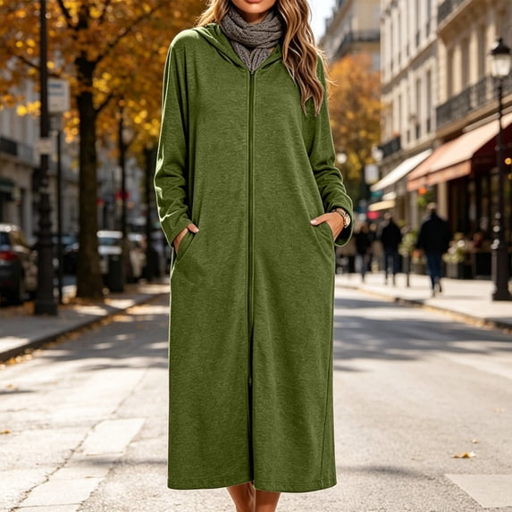 Womens Winter Long Dresses Full Zipper Hooded Solid Color Trendy Comfy Dress with Pockets Green M