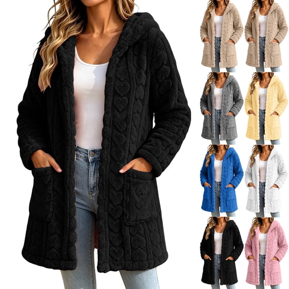 Womens Winter Long Sleeve Solid Fleece Open Front Hooded Cardigans Jacket Coats Outerwear with Pockets