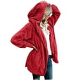 thumbnail image 1 of Womens Winter Long Sleeve Solid Fuzzy Fleece Open Front Hooded Cardigans Jacket Coats Outerwear with Pocket Red L, 1 of 7