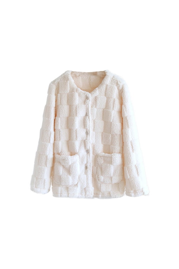 Womens Winter Pajama Tops Sherpa Fleece Button Down Cardigan Nightgown Jacket with Pockets Warm Soft Loungewear (XL, Beige)