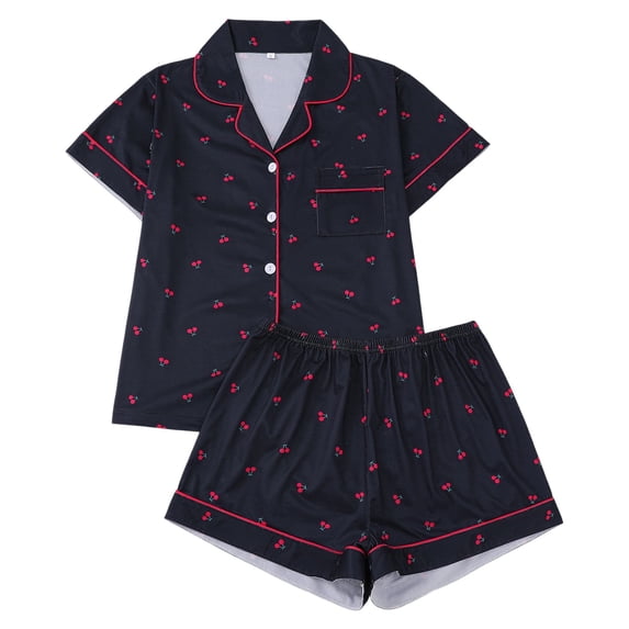Womens Winter Pajamas Sets Cherry Print Pajama Set Short Sleeve Notched Collar Shirt Shorts Loungewear Pajamas Pyjamas Pjs Black L