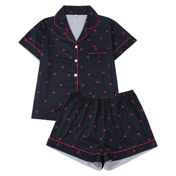 Womens Winter Pajamas Sets Cherry Print Pajama Set Short Sleeve Notched Collar Shirt Shorts Loungewear Pajamas Pyjamas Pjs Black M