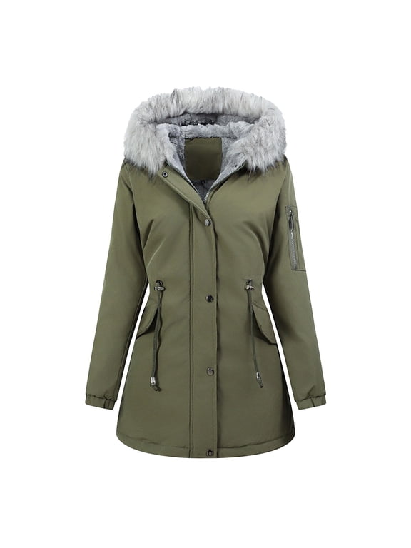 Womens Winter Parka Coat Warm Fleece Lined Hooded Parka Jacket with Fur Trim Zipper Thicken Long Trendy Overcoat Army Green, S